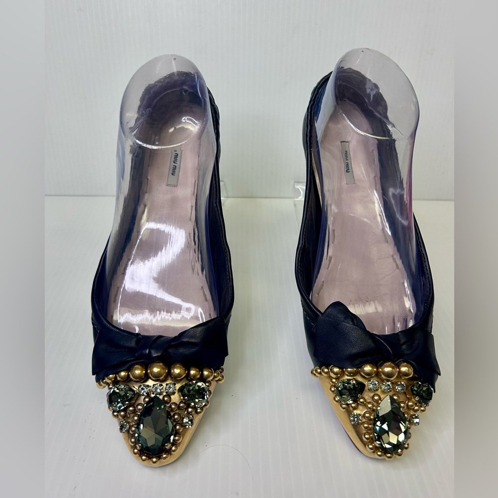 🖤”Miu Miu” Black and Gold Ballet Flats with Elegant Jeweled Embellishments💛